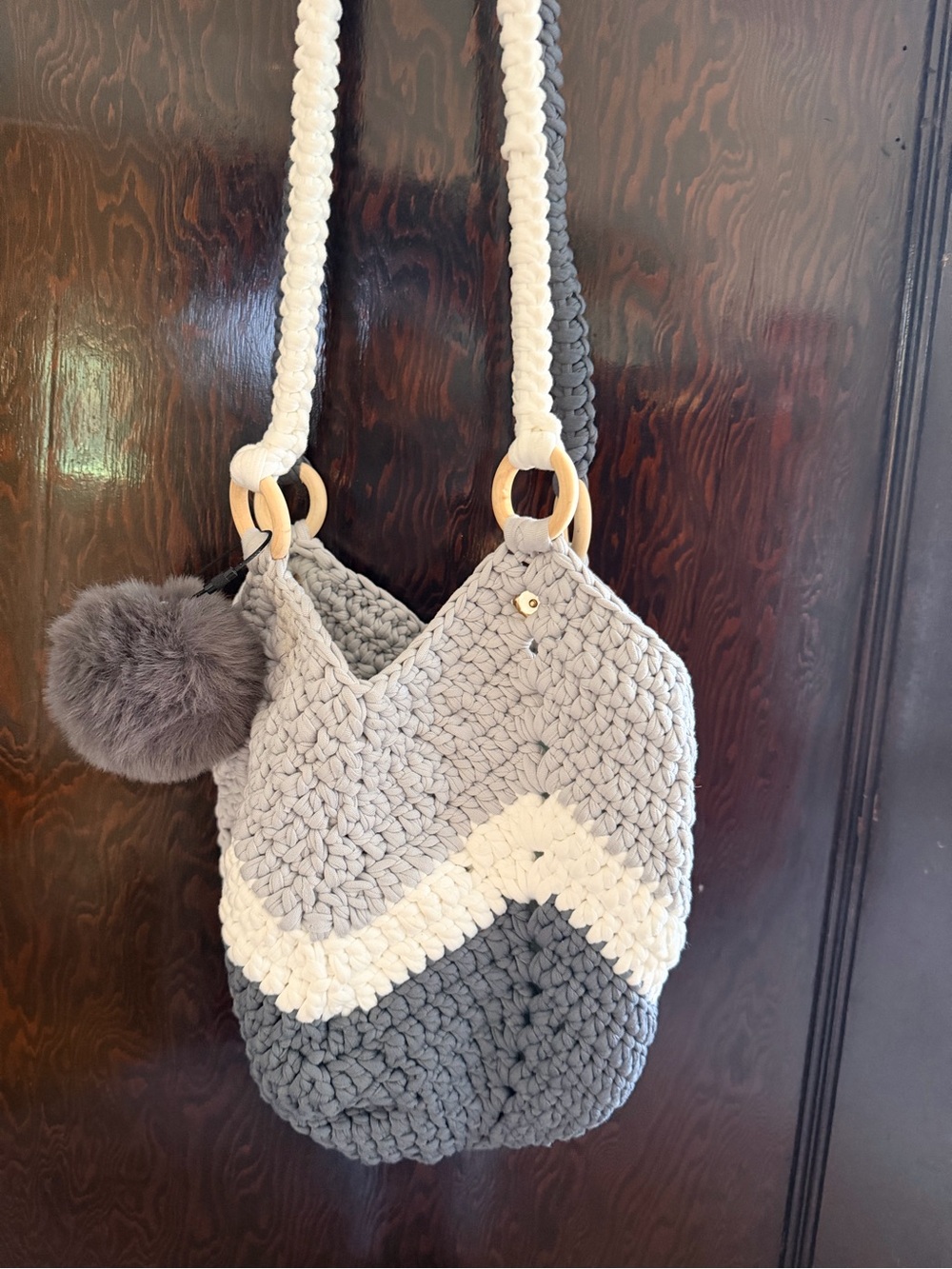 Handcrafted Gray & White Crochet Tote Bag with Pom Pom